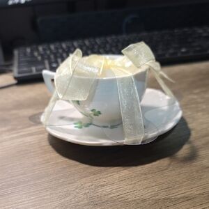 Elegant Cream and Green Tea Cup with Saucer